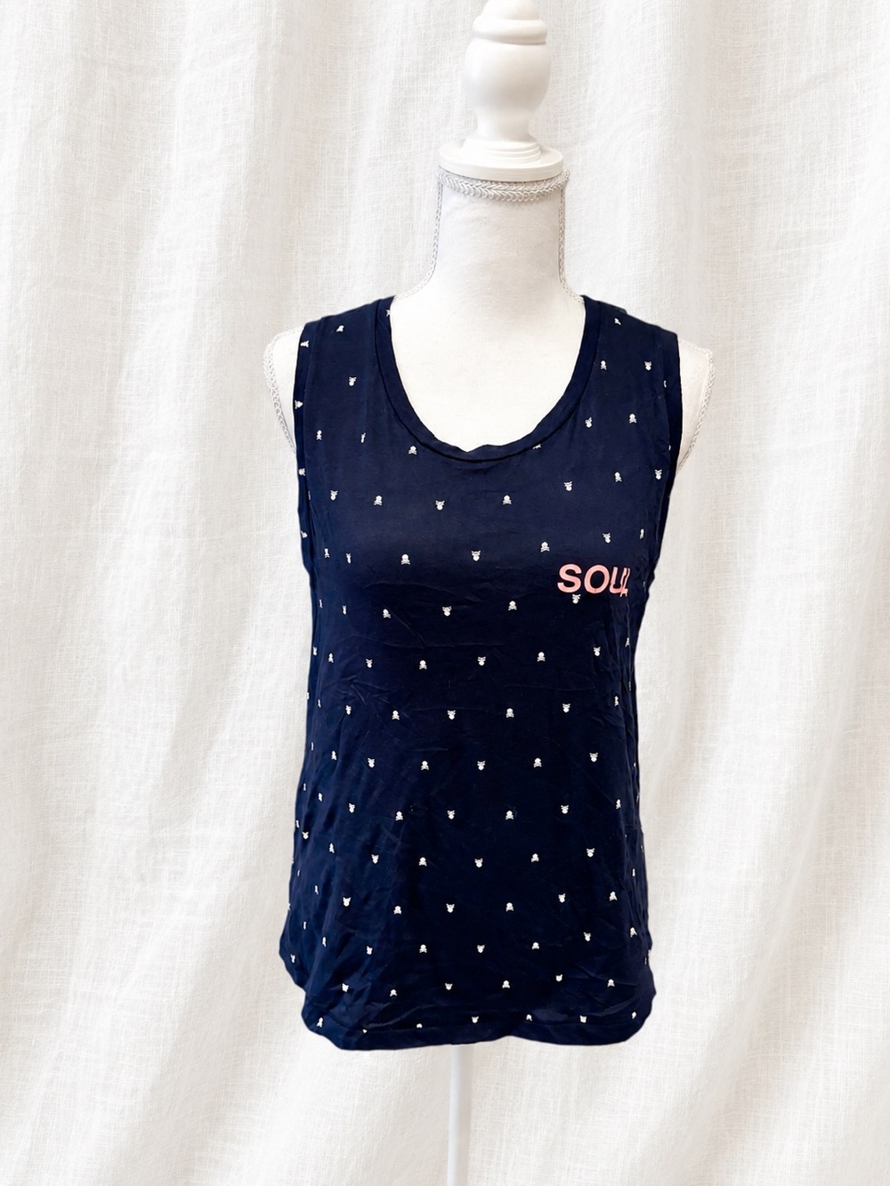 soulcycle Navy Tank Top with Pink Logo and Tiny White Print